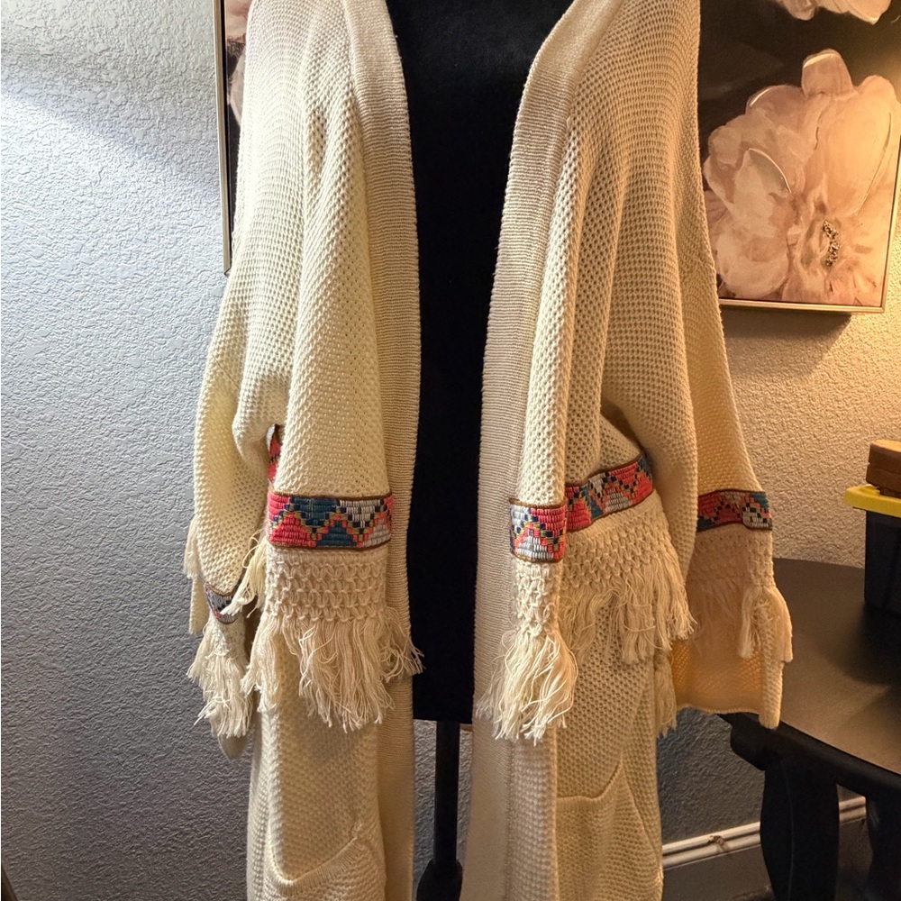 By Together Cream Cardigan with Colorful Fringe